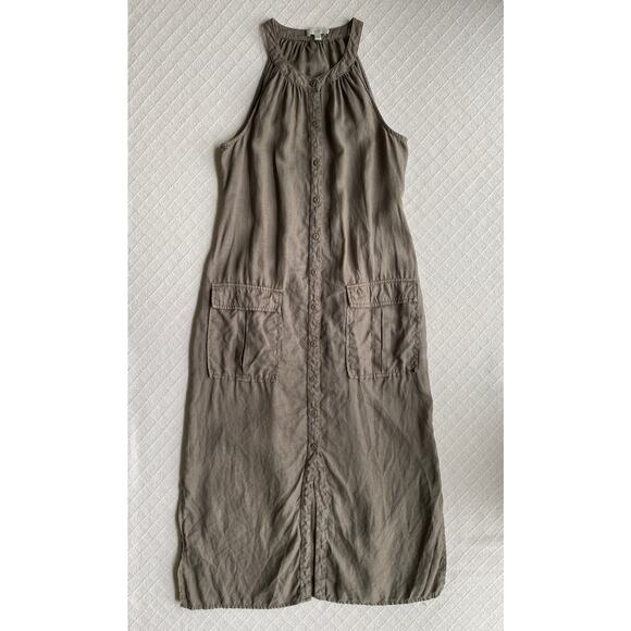 Joie Linen Button Down Midi Dress High Neck Sleeveless Greige Mushroom Lagenlook - Picture 1 of 8